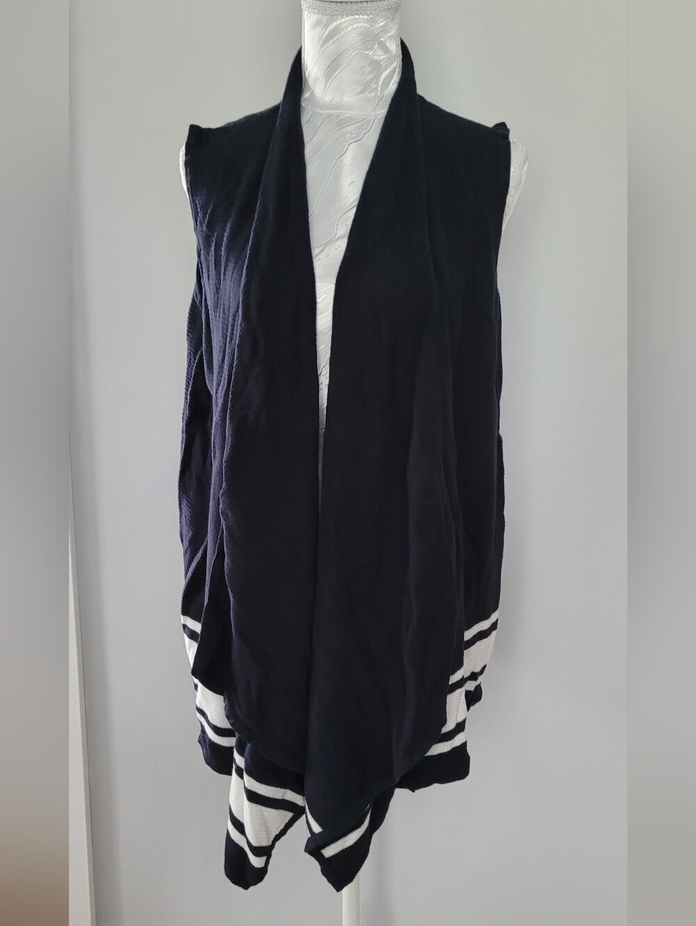 Tommy Hilfiger Navy Drape Open Knit Vest with White Stripes
